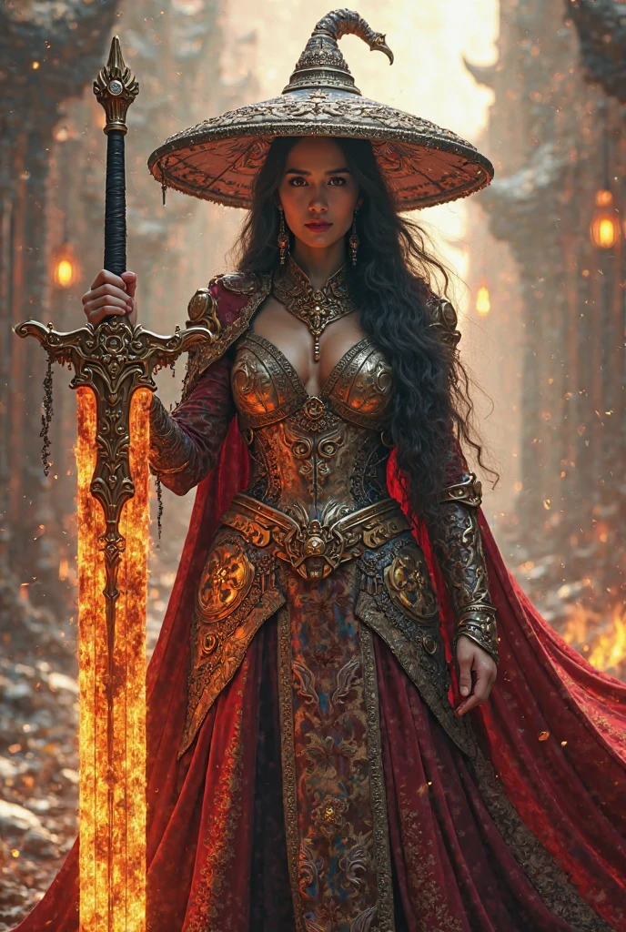 Ultra-realistic photo of a powerful big-breast fantasy beautiful Thai female full-armored mage with long hair,evil sly smile,wearing highly detailed red and gold Royal-Thai pattern with metallic gold textures and weathered surface armored, ** ancient royal-Thai ornament wide brim hat**, right hand holding a long gigantic royal Thai pattern-style glowing energy broad-sword , left fist to a camera ,cinematic lighting, sharp focus, shallow depth of field, high dynamic range, soft shadows, realistic materials, photo taken in a studio with fantasy heaven city background, 85mm lens, f/1.4, ISO 100, 8K photo