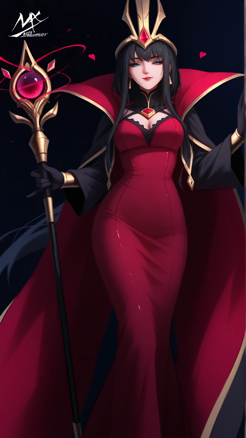 Adult woman, pale skin, long black hair, fox ears, green eyes, red eye shadows, red lipstick, black magic dress, open breasts, smirk, Masterpiece, high quality