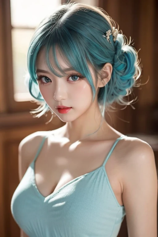 (masterpiece), (best quality), Ultra-high resolution, Raw photo, A photo-realistic, super cute woman, 1girl, (perfect face:1.2), (beautiful face:1.2), pale green hair, pony tail, (from under, close up:1.3), happy, light smile, looking at viewer, pose, sheer shirt, gray shirt, outdoors, night time, intricate, depth of field, cinematic lighting,