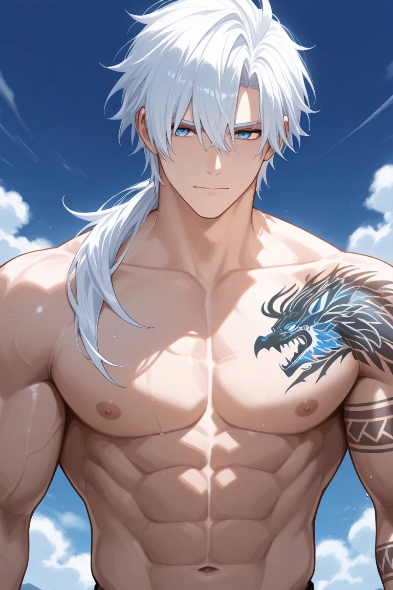 In the bright galaxy,Accompanied by a crystal dragon,The dragon accompanied the boy,White and tender skin,Jewel-colored tattoos,Silver hair,Hot age flesh, A meticulous face,Handsome face,18 year old young beautiful man,Handsome guy,Muscle Junior,Tall figure,Eight-pack abs,Broad pectoral muscles,Bare thighs,Only thongs were worn,No other clothing,Only thongs were worn,low waist thong,Sexy thongs,Men's tong,Narrow tong,Clench your fists,The expression is fierce,The eyes are fierce,Launch an attack,fistfight,fights,Fight,Initiate a battle