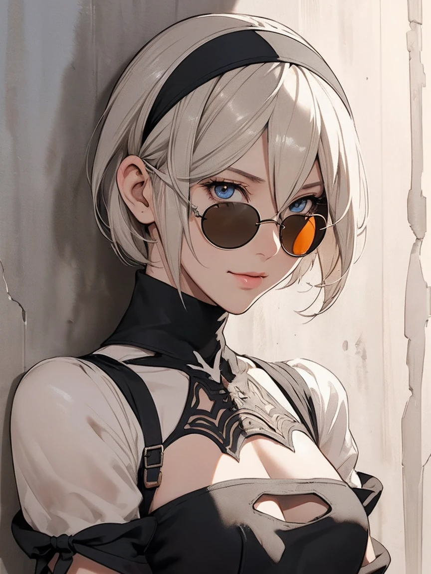 {(masterpiece,best quality, 16K illustration, UHD, extremely detailed the work, detailed beautiful face and eyes and skin and hair)}
BREAK {erotic face,looking away,enchanting smile,profile,cowboy-shot,from below}
BREAK {solo, (2B of Nier-Automa:1.4)), (perfect female body,small breasts),(lightbrown_lightwhite colored hair:1.4, short cut hair), (medium mouth:1.2),(narrow and sharp eyes:1.4,blue-glay eyes,sparkling eyes:1.1)
BREAK {(Nier-Automata-2B costume:1.2),(cleavage between breasts:1.2),(black hairband:1.4)}
BREAK {(small-diameter round darkorange-lens-sunglasses:1.4),(hand on sunglasses:1.4)}
BREAK {(Part of the stucco wall is brick:1.2),(cast a shadow on the wall:1.2),bullet holes in the wall}
BREAK,{(anime illustration style:1),(watercolor image:1.2),(sketch drawing),overall dark color}
