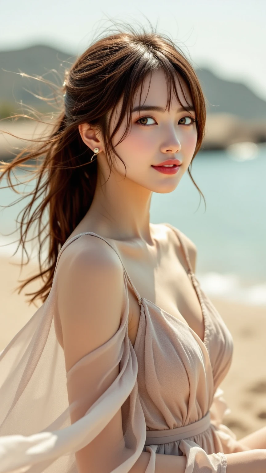 8K resolution，Best picture quality，Sea view，High-rise，The seaside at dusk，The sea is rough，Backlight，Fashion Girl，Loose black hair，Hair，Smooth hair，Feather hair accessories，With clavicle，Beautiful subtle makeup，Exquisite and perfect facial features，The most beautiful big eyes，Long eyelashes，Sweet and beautiful，Light pink lip glaze，earrings，Sweet smile，Wearing a light pink transparent light pink shirt，Perfectly proportioned body，Ultra-fine background depiction，Dynamic Angle，Ultimate image quality，Highest precision