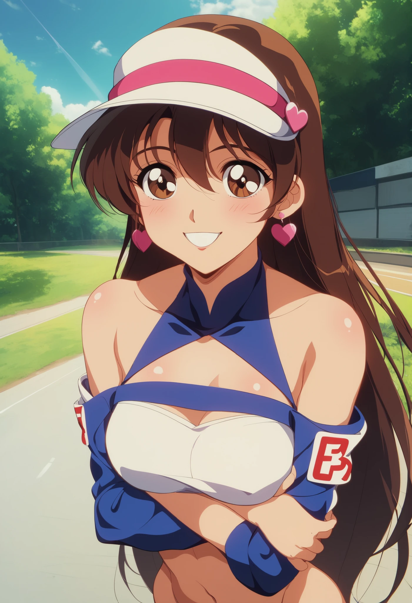 masterpiece、top quality、great quality、very aesthetic、absurd、Blatant、Aska Zero、1 girl、ANIME COLORING、Retro Art Style、solo、long hair、hair between eyes、brown hair、brown eyes in the oral vagina、amazing visor cap、heart earrings、Aska Zeroクロップトップ、Aska Zero赤白ミニスカート、belly button、abdomen、exposed shoulders、Medium Chest、is raising her arms、smile、arms crossed behind her back、standing、Race Track、depth of field、 sun rays 、