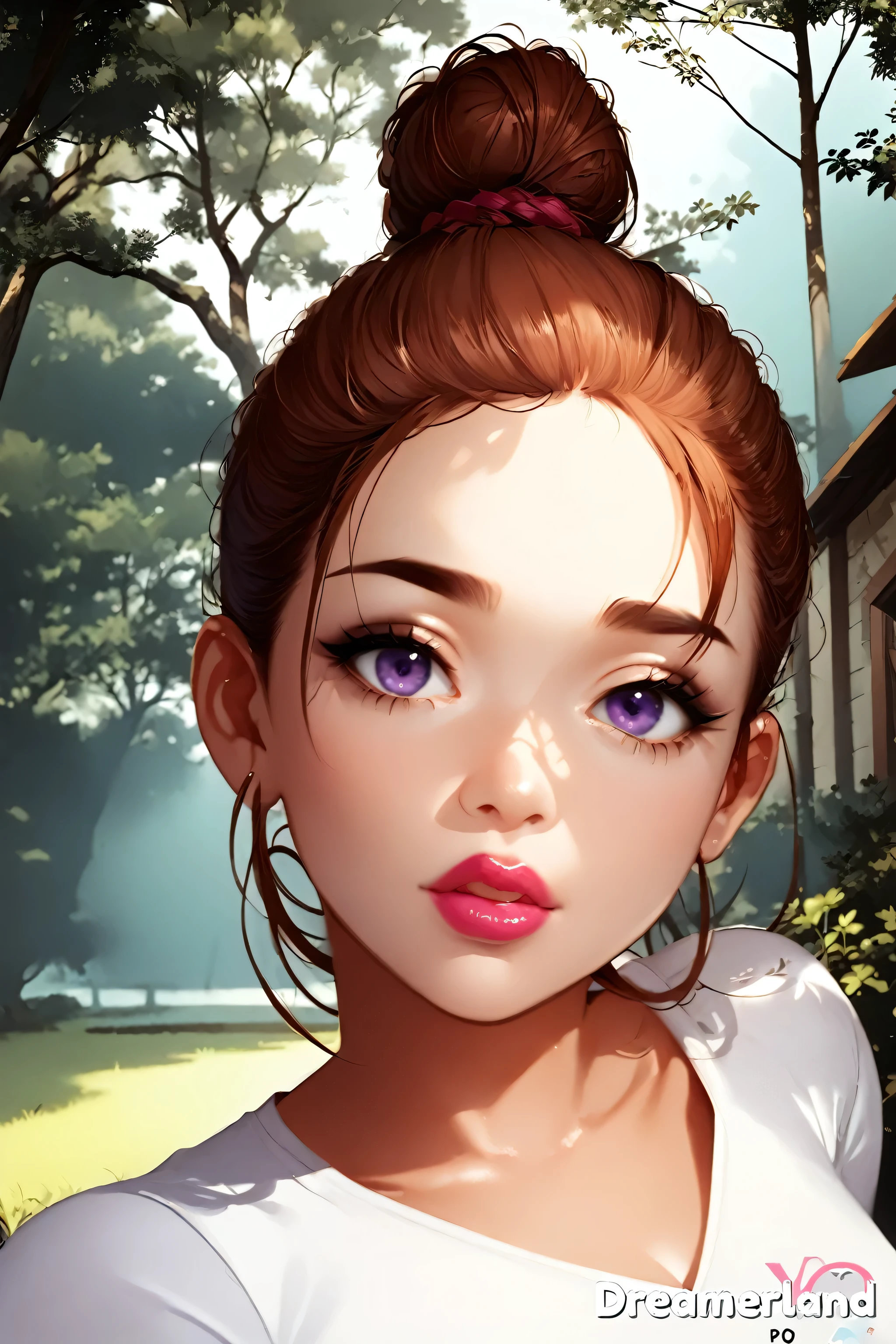 forest, 1girl, (perfect face:1.1), bun top knot hair, brown hair, black eyebrows, thin eyebrows, black eyeliner, big eyes, purple eyes, pink rouge, bright red lips, thick lips, v-neck shirt, white v-neck shirt, medium breasts