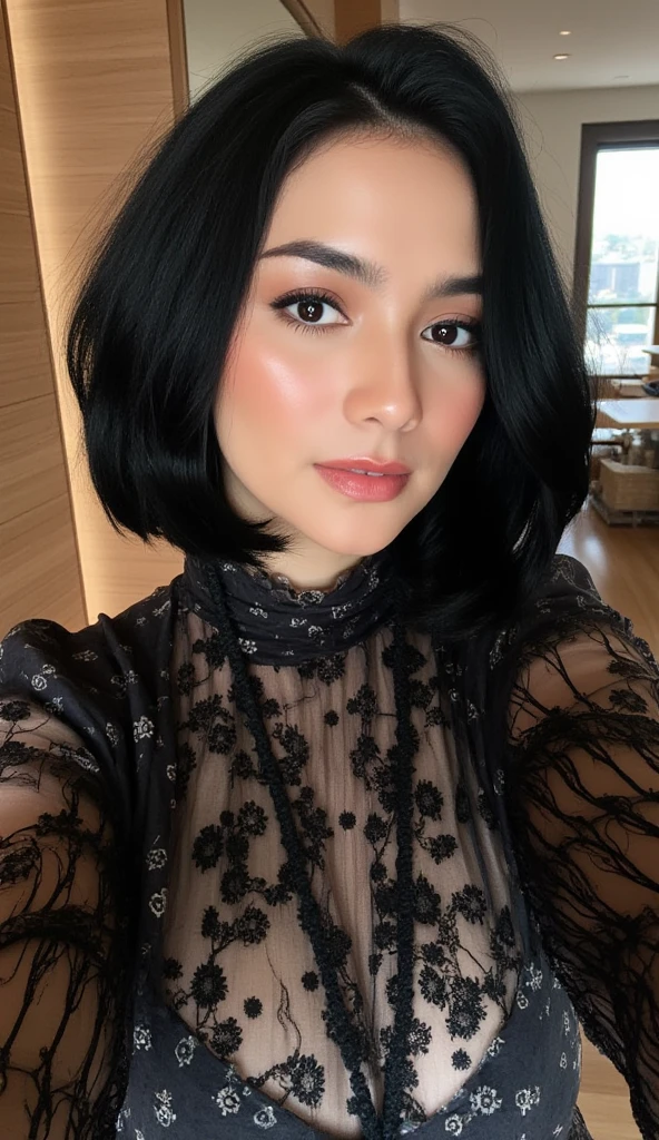 (masterpiece:1.3), (8k, realistic, RAW , best quality: 1.4), (1 sexy ultra hot girl), adults movies actress , onlyfans model actress , instagram sexy influencer , sensual beautiful face, (black hair, short bob cut hair:1.3),  (half-opened oversized_long unbuttoned man's shirt ), absurdres, attractive, ultra high res, ultra realistic, highly detailed, golden ratio