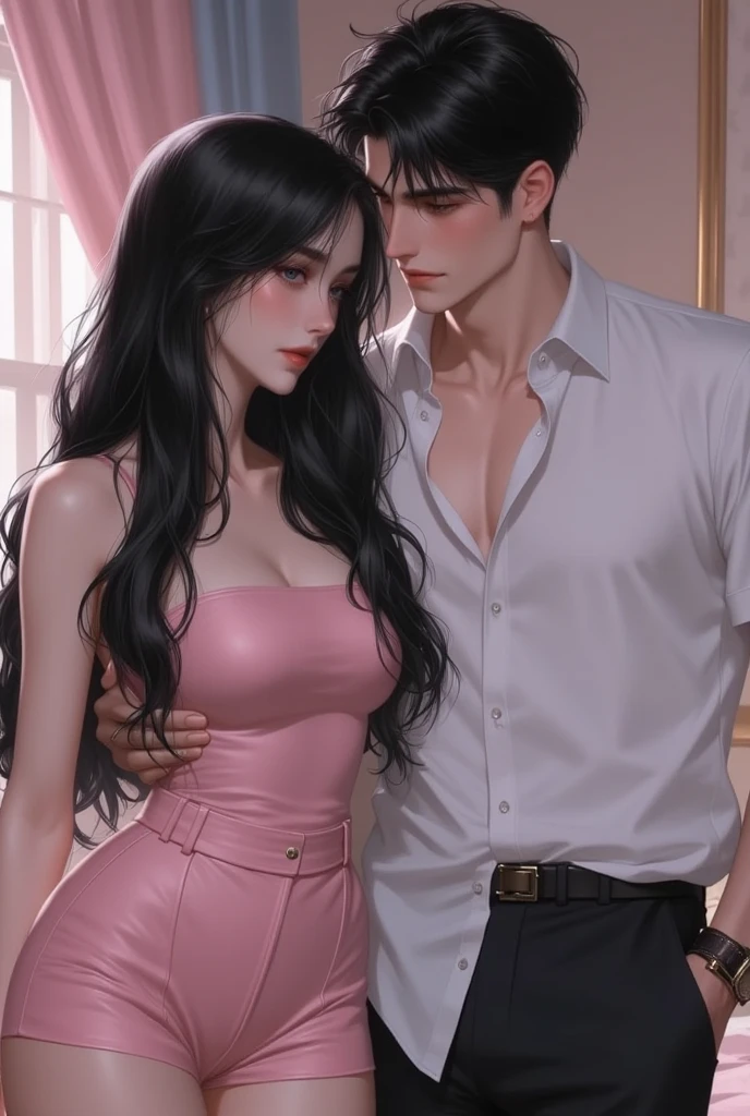 (table top, digital art, digital illustration, 4k, 8k, Super detailed, beautiful images, clear image, realistic, RAW photo, perfect face, perfect lines, perfect eyes, soft lighting) 1 female, (long black hair,straight hair,bullish look,Beautiful woman,suit,solid makeup,small breasts、23 year old female,:1.3),secretary, suitを着たハンサムな男性 2 人, (human,suitを着た男,muscular,solid shoulder width, human,boyish hairstyle,british gentleman&#39;s style,A man in his 30s with a cool expression,28 year old man with a bright smile:1.2),night office scene,antique furniture,antique clamp,antique chair,chandelier,party、couple、coupleキス、romance、romanceポルノ、look at each other、hug each other