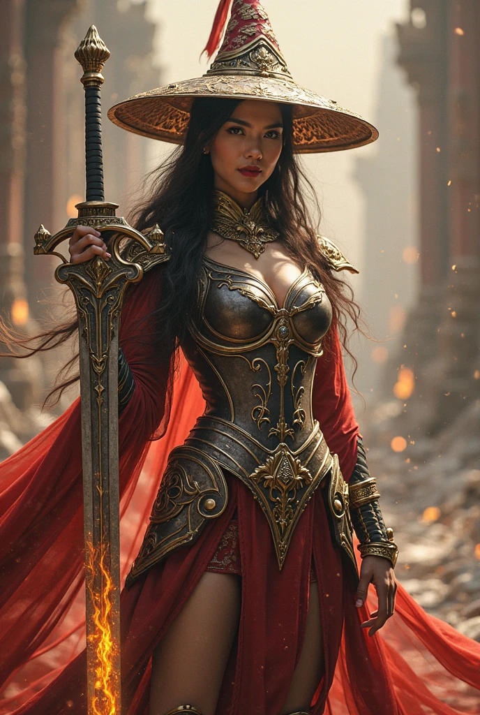 Ultra-realistic photo of a powerful big-breast fantasy beautiful Thai female full-armored mage with long hair,evil sly smile,wearing highly detailed red and gold Royal-Thai pattern with metallic gold textures and weathered surface armored, ** ancient royal-Thai ornament wide brim hat**, right hand holding a long gigantic royal Thai pattern-style glowing energy broad-sword , left fist to a camera ,cinematic lighting, sharp focus, shallow depth of field, high dynamic range, soft shadows, realistic materials, photo taken in a studio with fantasy heaven city background, 85mm lens, f/1.4, ISO 100, 8K photo