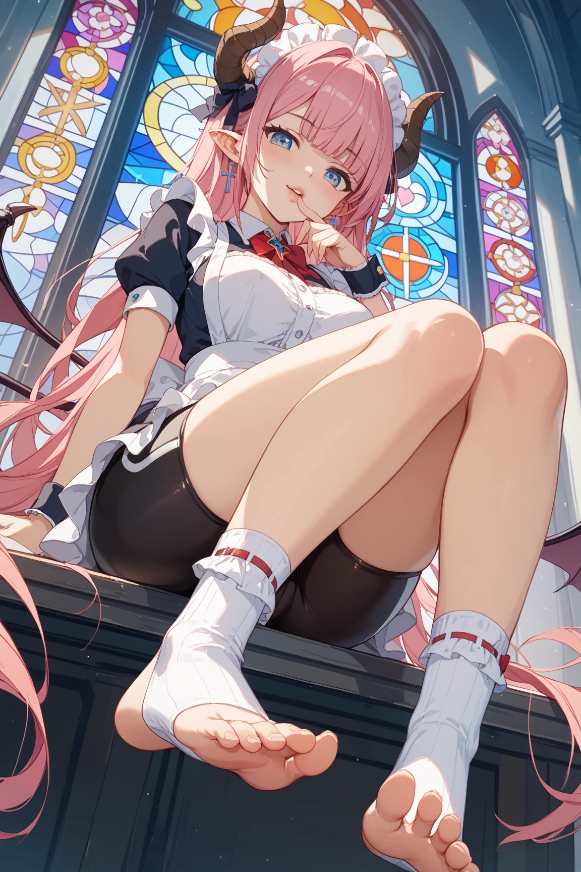 Girl with pink hair, long twin-tail hairstyle, (small bushy pink eyebrows), wearing a wedding dress, lolicon (Zankuro) drawing style by zankuro artist, Zancro style, image uploaded to R34, (in a church full of people), , flirty smile, lifting her dress to show her wide, naked hips, underwear in her hands, breasts out,