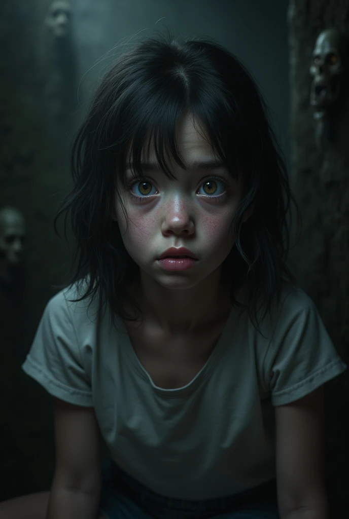 1girl, short black hair messy, black eyes, psycho look, gray haze around, peeking out upper body, dark forest, Ripped clothes, 16k