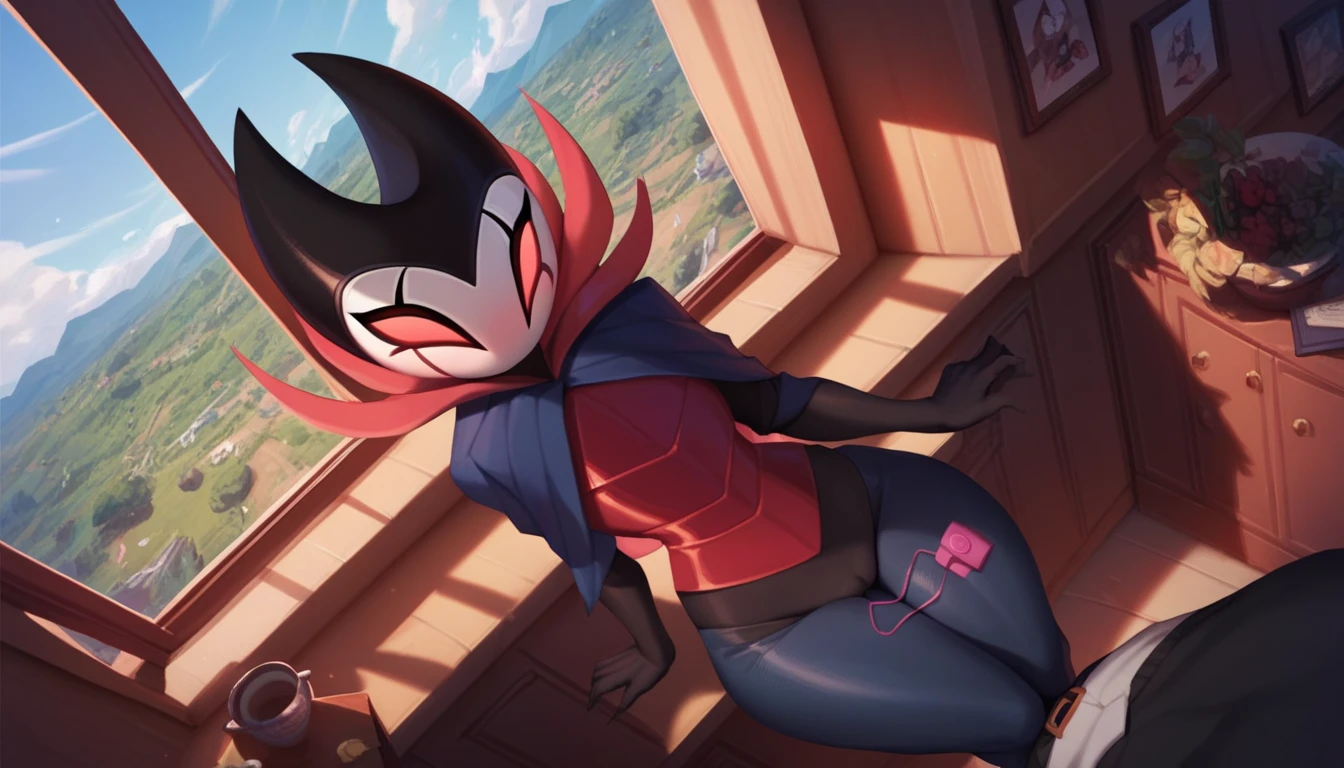score_9, score_8_up, score_7_up, score_6_up, zPDXL2, grimm \(hollow knight\), vampire, bat, 1boy, solo, cute face, detailed eyes, anthro, clothed, background, near the window, landscape, looking at the viewer, curvy body, angle from above, highlight thighs