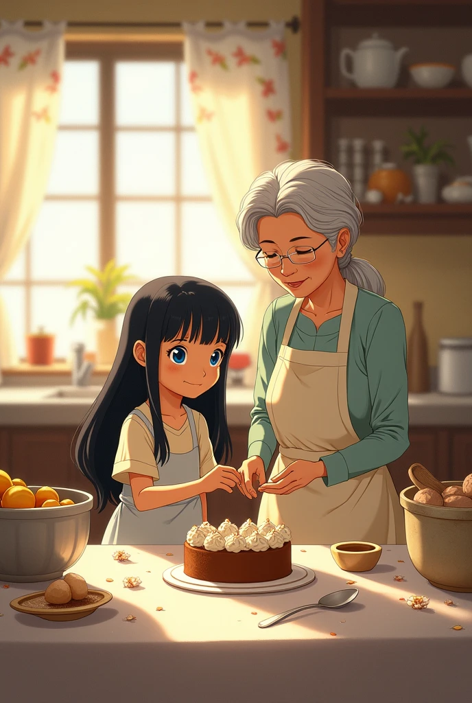 Style Ghilibi, a girl with blue eyes and long black hair, is in the kitchen baking a cake in the kitchen with her grandmother 