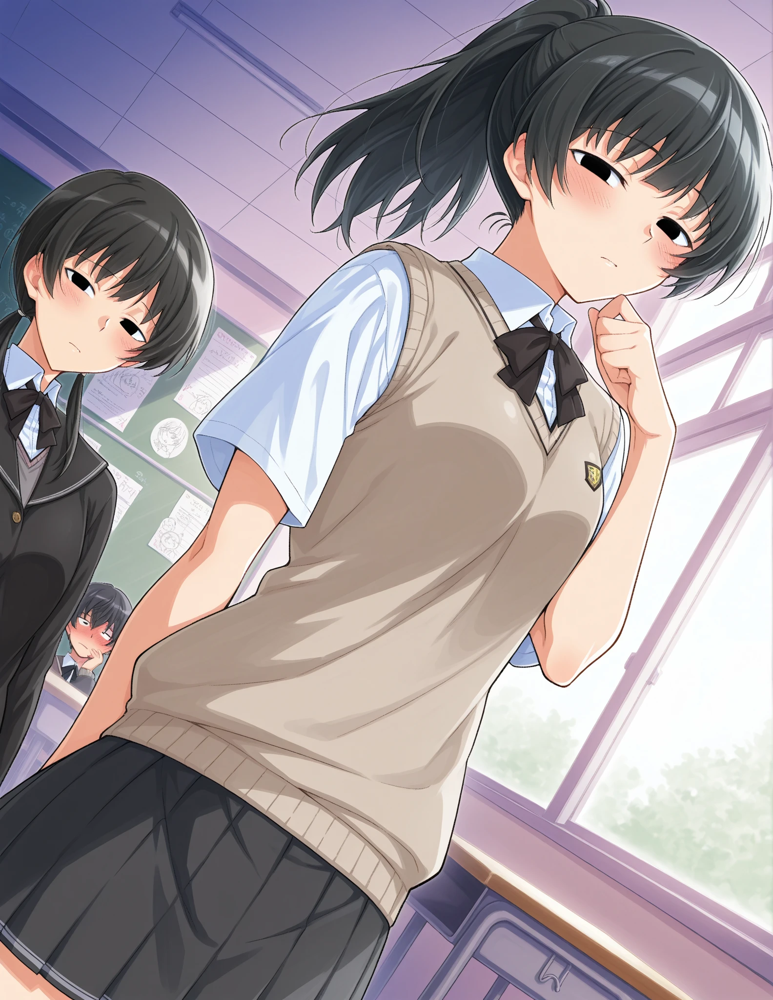 Crying girl with black bob hair、clear、Upper body naked、Nipples are erect、Pale pubic hair、Floral Panties、Checked Skirt、My breasts were grabbed by a naked middle-aged man on the train、whole body、classroom、Shyness、resistance、fear