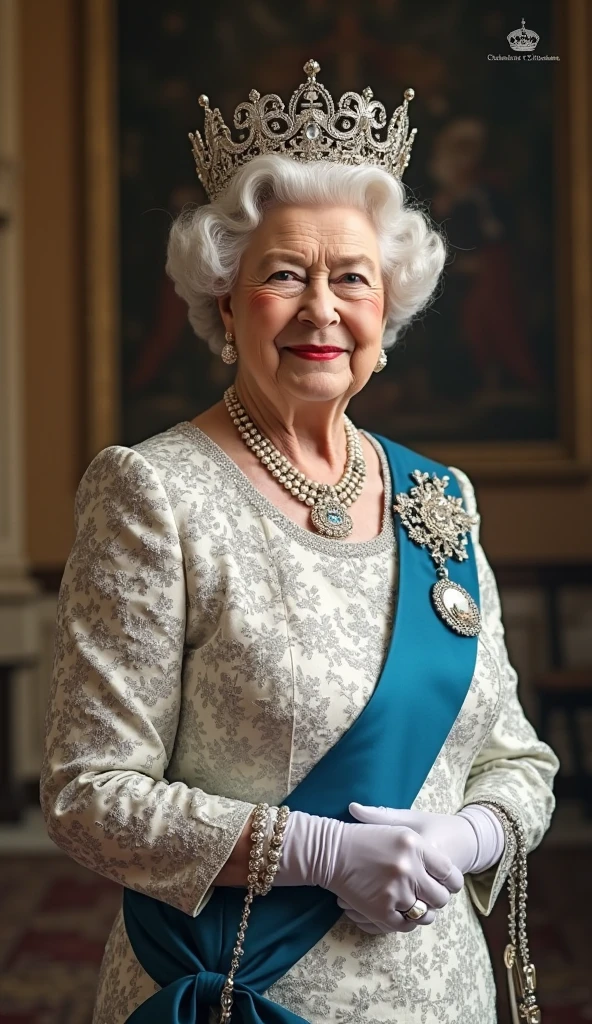 (gorgeous queen elizabeth 80yo ), (huge saggy breast:1.6), (dressed for a party with elegant white chiffon shirt:1.4), (black skirt), (sitting on sofa), lipsticks
