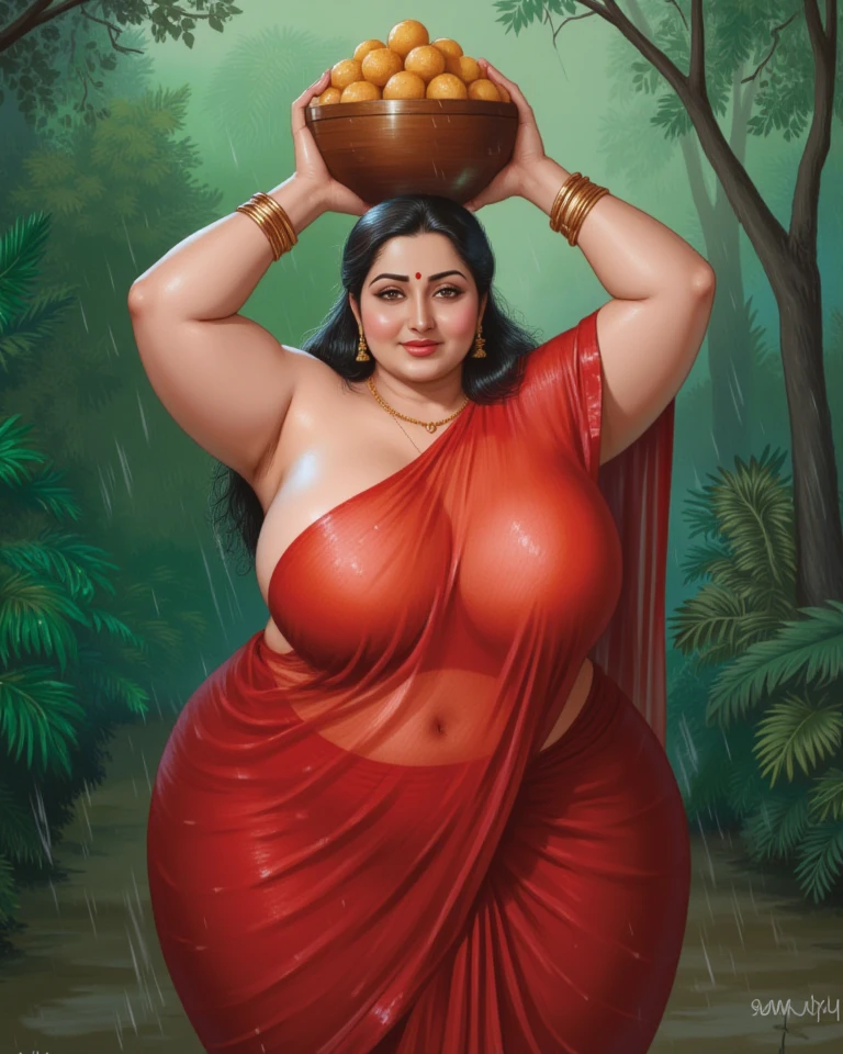 (best quality,4k,8k,highres,masterpiece:1.2),ultra-detailed,(realistic,photorealistic,photo-realistic:1.37),portrait,Indian,peasant,futanari,very small breast, monstrous penis, pregnant, feminine,charming,confident,exotic beauty,beautiful detailed eyes,beautiful detailed lips,soft facial features,long eyelashes,dark hair,intricate braided hair,traditional Indian attire,richly patterned saree,bright colors,flowing fabric,stylized jewelry,traditional nose ring,henna adorned hands,vibrant background,lush garden,floral abundance,tropical plants,lush greenery,decorative fountain,sunlight filtering through leaves,floating lanterns,peaceful atmosphere