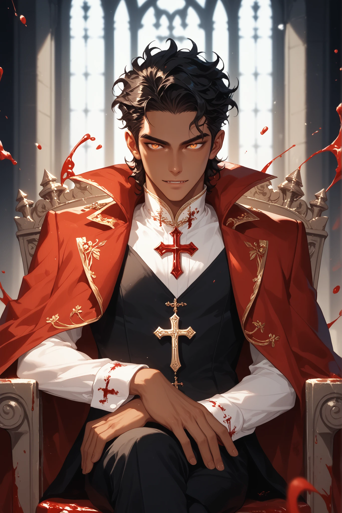 (Masterpiece, absurdres, topquality) 1boy, solo, maturemale, black hair, middle part hair, wavy hair, amber eyes, sharp eyes, brown skin, vampire, castle, portrait, dark atmosphere, bishounen, tsurime, sitting, throne, blood swirls, blood splash, cross legs