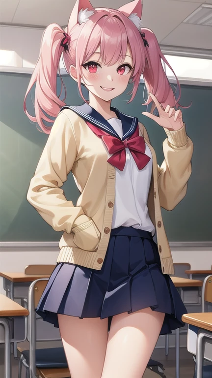 anime, 2d, (Masterpiece, best quality)+, colorful, (highly detailed)+, (very delicate, beautiful)+, character design, female focus, solo, 1girl, sayori (Doki Doki Literature Club), (long messy hair)0.5, blue eyes, hair between eyes, hair bow, hair ornament, coral pink hair, red bow, full medium-small breasts, slender waist, slightly wide hips, soft thighs, school uniform, blazer, brown sweater, collared shirt, neck ribbon, blue skirt, school setting, in classroom, smug smile, teeth, peace sign,