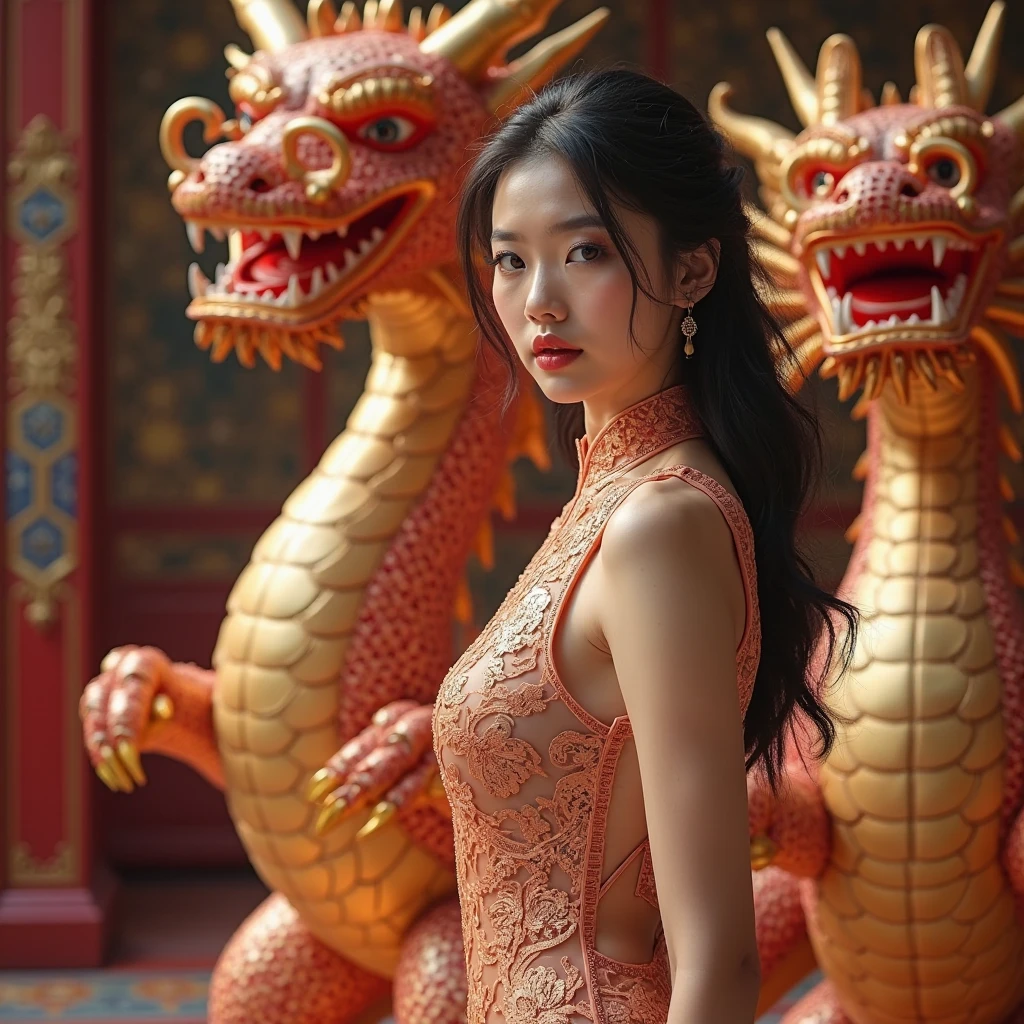 The wide-angle shot frames the stunning 24-year-old Korean beauty, confidently poses in front of a majestic dragon. The eye-catching big-breasted girl wearing a transparent dragon-patterned cheongsam featuring voluptuous curves and toned legs, barely covered by the thigh-high cleavage of the dress. Her porcelain skin glistened under the camera spotlight as she displayed her perky face and smoldering eyes with dark-colored eyeshadow. A wide-open pomegranate red lip, frames her perfect teeth. Her dark black hair was slicked over her shoulders in loose waves, while behind him, a fiery dragon with three heads standing upright, her red eyes are fixed on the viewer. The dragon's chest bears the inscription 'WINNING303'. The background is the interior of the royal castle the luxurious, surrounded by giant dragon figurines.