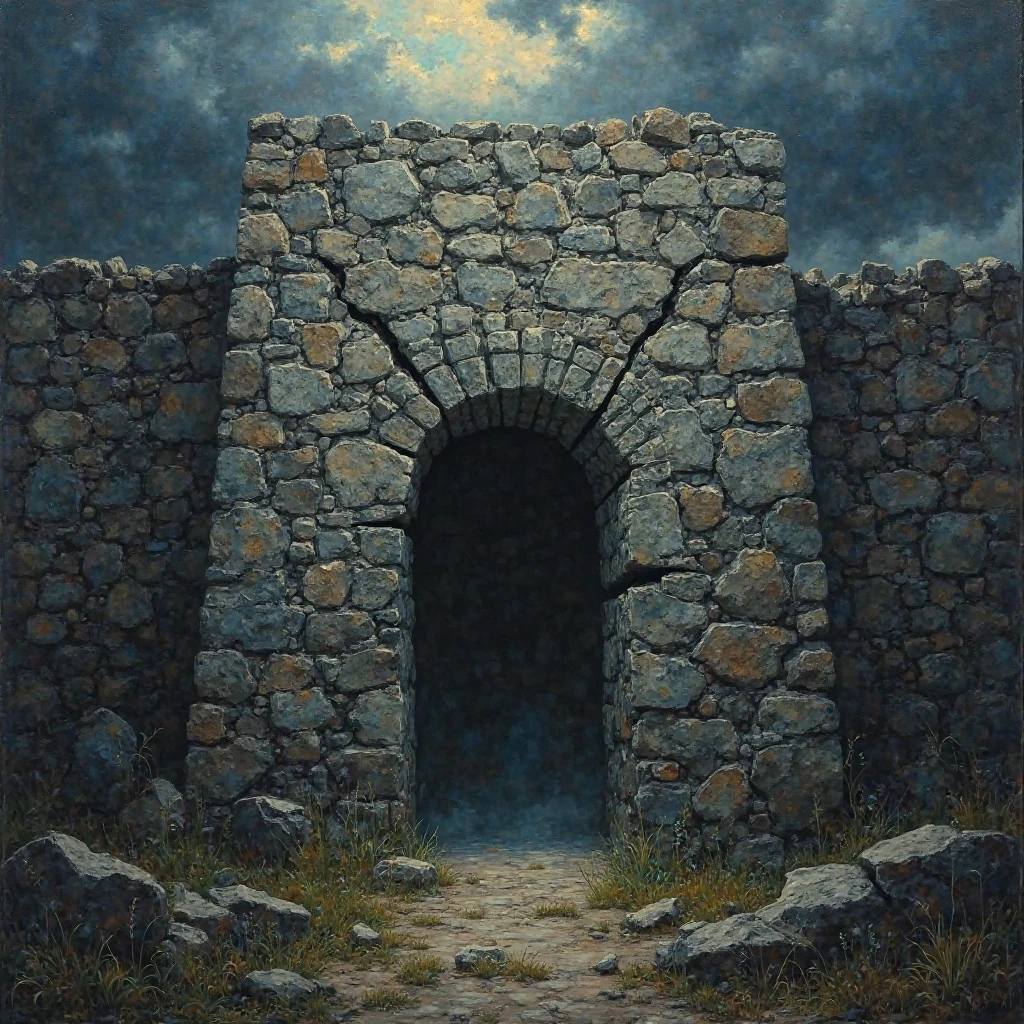Visual Metaphor: a wall with cracks, with something trying to invade, photorealistic portrait, High resolution, detalhado, oil painting, expressivo, vivid colors, dramatic lighting effects, dark sky, threatening clouds, Ancient stone wall, cracks in the wall, scary shadows, mysterious presence trying to enter