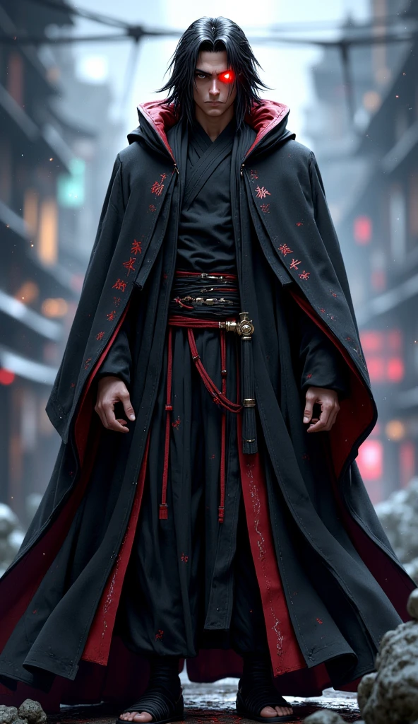 make a photo of Uchiha Itachi in real human form / 3D. wearing an Akatsuki robe with a flaming sharinggan.