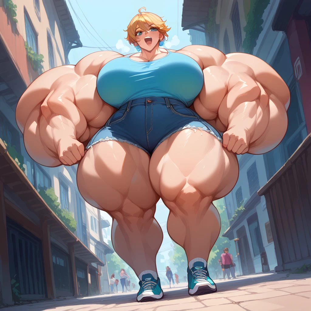 masterpiece, detailed, realistic, young woman, teenager, young,  (hypermuscle:1.3), massive ass, massive thighs, cute smile, cute, fringe, skimpy pink dress, cute pose, (huge lips), crowded mall, shocked onlookers, blonde braided hair 
