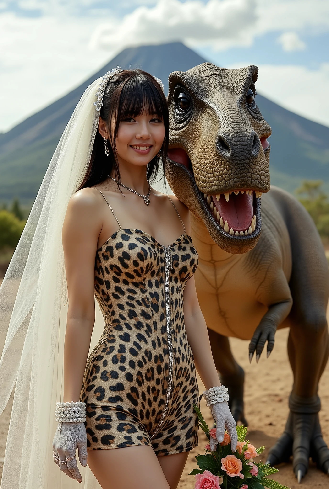 Create a portrait of a stunning Japanese female singer with a slim physique, small bust, and slender legs. She has long hair with bangs and is wearing a prehistoric-style leopard print mini wedding dress, complemented by a wedding veil and gloves. She is smiling affectionately next to a Tyrannosaurus rex. The background features a Cretaceous plain with a volcano, captured from a dynamic angle.