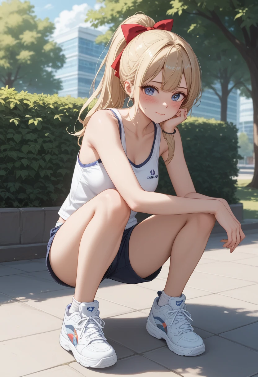mature woman, ((darkskin)), (suntanned), Broad Hips, ((milf)), pose sexy, highly detailed background, break milf, ((darkskin)), (suntanned), thick-thighs, suggestive look, (daydream:1.2),better lighting, bokeh, Lens flare, Action,pose,dutch angle, //Character blonde hair ,randomly hairstyle, break //Fashion huge breasts,((work of art)), ((high resolution)), ((best qualityer)), (ultra detali), 3d, Real, ((extremely detaild)), best qualityer, dynamic angle, buruma, gym uniform, In school, whole body, humida, ssmile, ((squatting down))