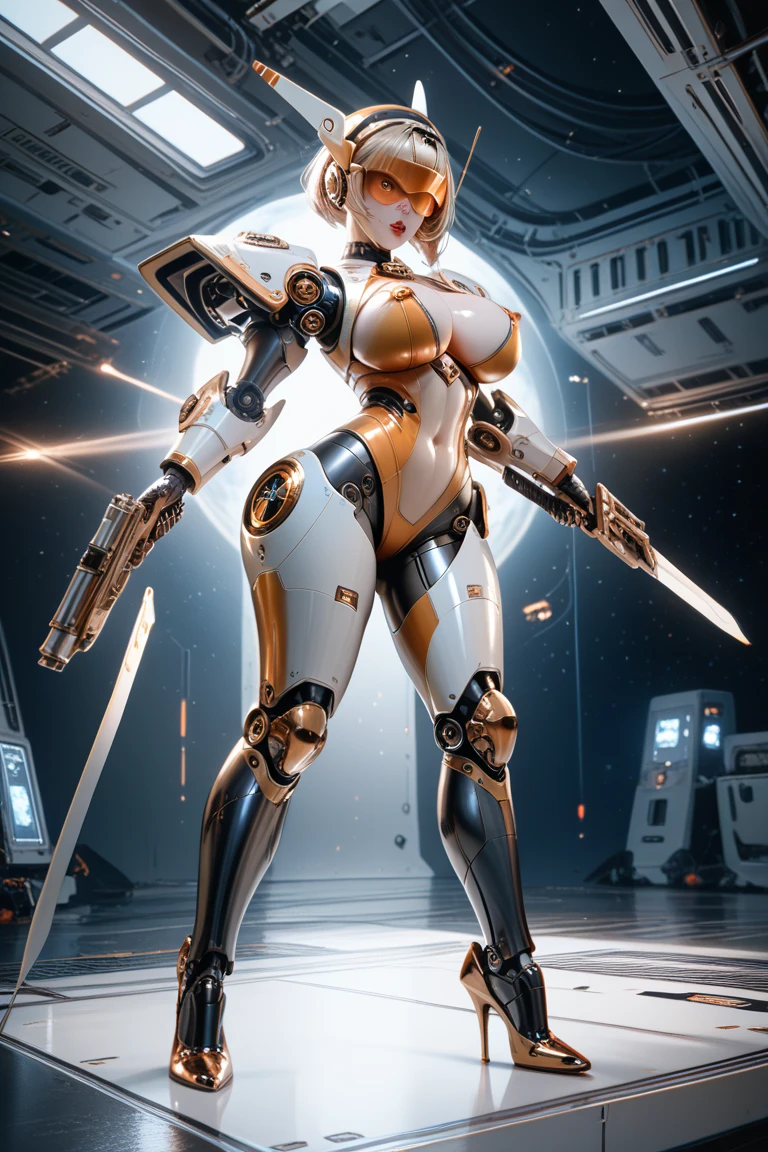 A sexy robot femboy in high heels, robot skin, penis, femenine male, huge cock