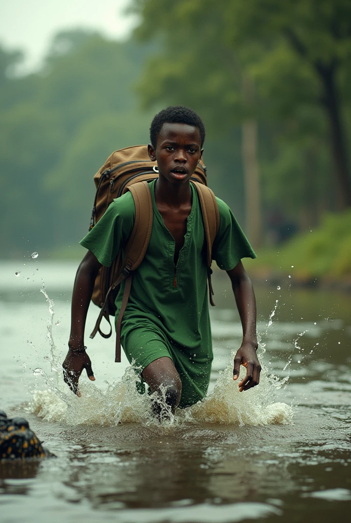 Un beau petit garçon africain vêtu en vert portant un lourd sac au dos, Falls and drowns in the river . A crocodile next to him