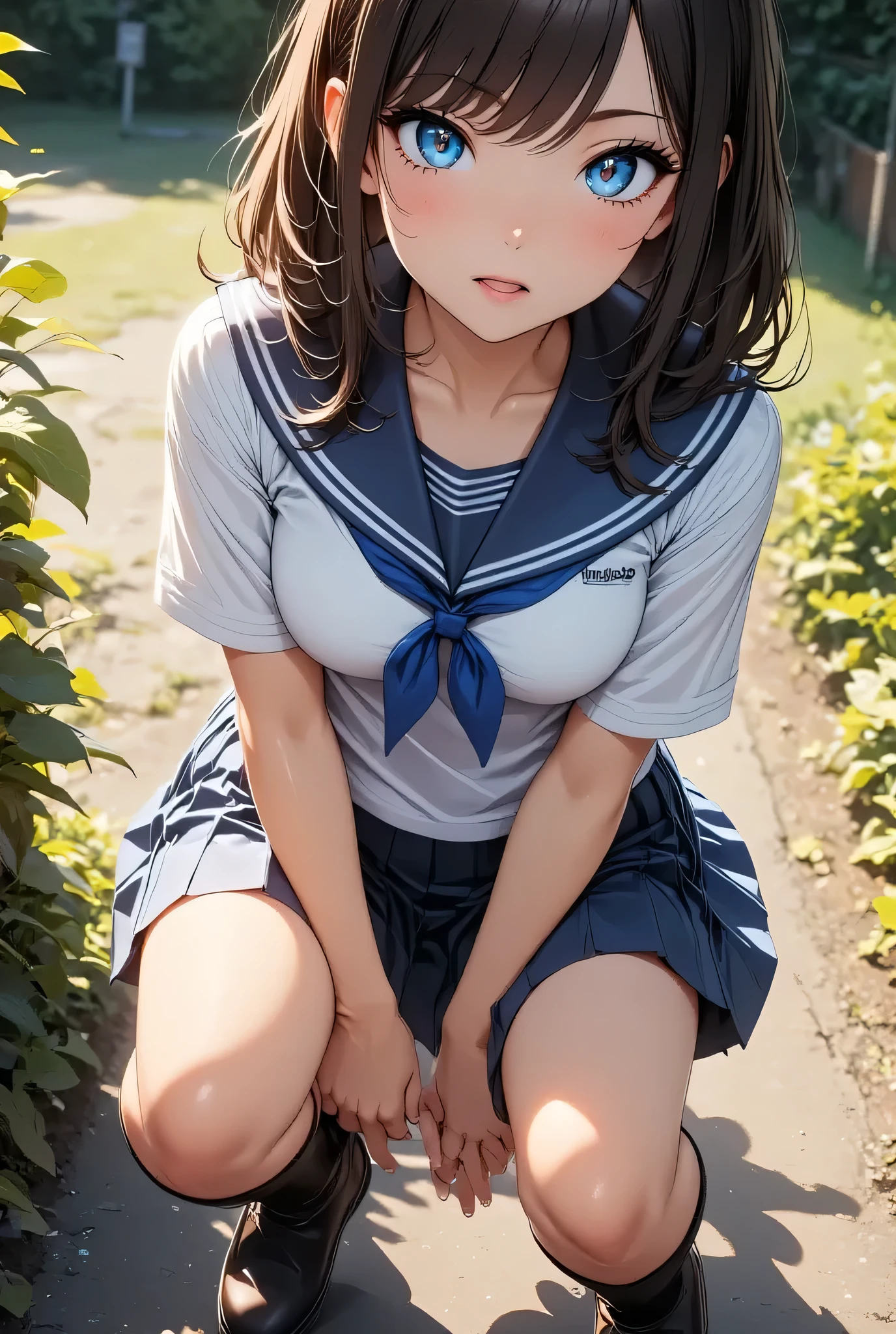 nsfw:1.5, Top quality, ultra high resolution, , (top quality, high resolution, 4K, detailed lighting, shaders, perfect anatomy, perfect proportions), eye of the beholder, (masterpiece, top quality) (top quality, 4K, 8K, high resolution, masterpiece: 1.2), highly detailed, (masterpiece: 1.3, top quality, ultra high resolution, ultra detailed), (top quality: 1.2), perfect eyes, perfect face, (top quality, 4K, 8K, high resolution, masterpiece: 1.2), highly detailed, (top quality, 4K, 8K, high resolution, masterpiece: 1.5), masterpiece, top quality, ultra detailed, top quality, high resolution, 32K CG, very delicate and beautiful, illustration, high resolution, sharp focus, very beautiful and detailed anime face, very detailed eyes, ((masterpiece)), ((best quality)), (super detailed), ((cute)), cute, ((very detailed)), 4K, (8K), best quality, (best quality, 8K, 32k, masterpiece, super high resolution, very detailed, impressionistic:1.2), blurred background, (two arms) , (two legs), (four fingers and 1 thumb) , one belly button,
(Profile: 1.2). (Looking away: 1.4). (Top shot: 1.4). (Short-sleeved sailor uniform: 1.6). (School bag: 1.4). (Sitting on the steps of the student entrance: 1.6). (Spread legs: 1.6). (Dress lifted to reveal beautiful breasts: 1.7). (Beautiful face: 1.2). (Neatly trimmed blonde pubic hair: 1.5). (Beautiful blonde hair: 1.4). (Ponytail with red ribbon: 1.3). (White choker: 1.5). (Bracelet: 1.5). (Bangs swept to the side, revealing forehead: 1.4). (Blue-green eyes). (Confused expression: 1.7). (Blushing with embarrassment: 1.6). (Pale skin: 1.4). (Perfect proportions: 1.6). (Small pink nipples: 1.3). (Breasts and nipples not covered: 1.7). (Semi-long navy blue skirt lifted up by hand to reveal private parts: 1.7). (No panties: 1.5). (Full and beautiful breasts: 1.5). (Perky breasts). (Thin waist). (Slender figure). (Beautiful butt: 1.1). (Realistic facial expression: 1.4). (Realistic skin: 1.4).