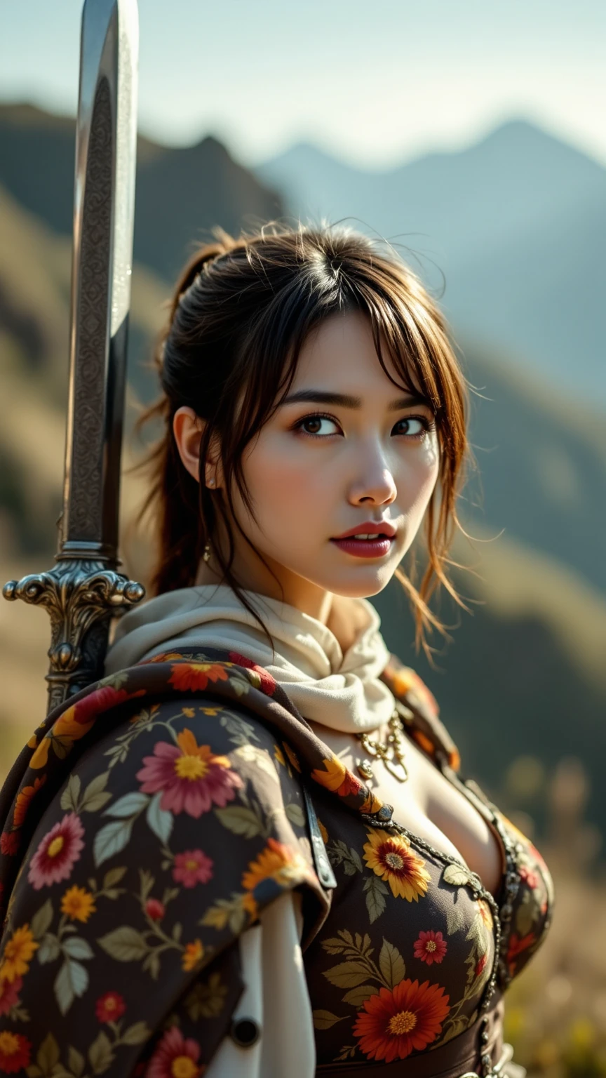 Wear colorful armor, hold a huge sword, and wear it on your shoulder, and look at the beautiful and exquisite scenery with a confident expression,On the hill,Realistic,high res,4K,HDR,professional-grade,Extreme Details,Vivid Colors,Bokeh effect
