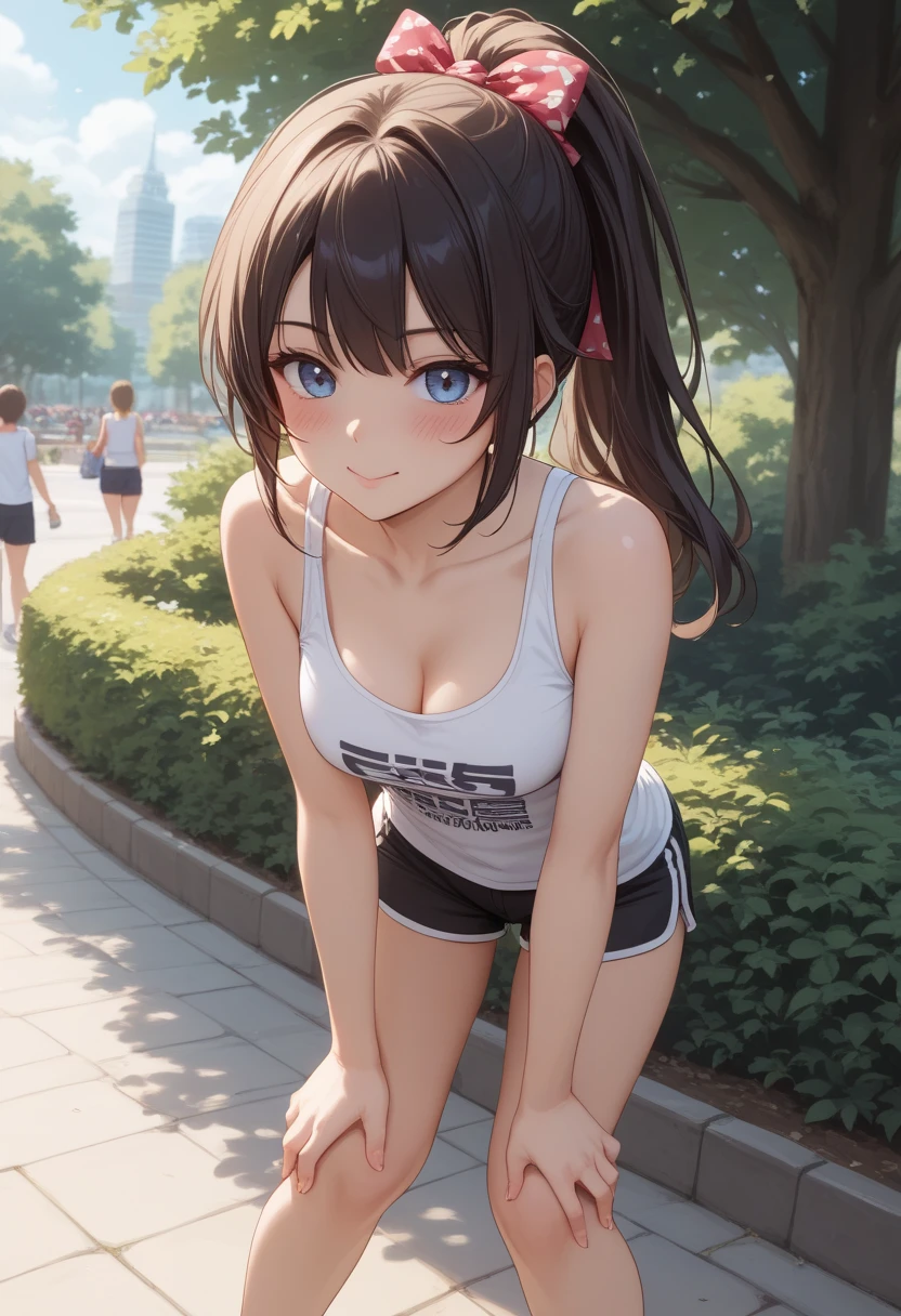 animesque、a beauty girl、poneyTail、morning、jogging、a park、perspiring、white and black jersey、Brown hair、Colossal tits、