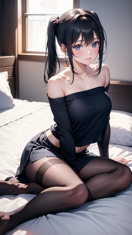 a beautiful girl with long black hair, piercing blue eyes, adult female body, sitting on the bed in a room, facing the camera, in a sexy pose, wearing hair ties, short shorts and a low-cut blouse that shows off her big breasts and ass, perky ass, ponytail (best quality, 4k, 8k, high resolution, masterpiece: 1.2), ultra-detailed, (realistic, photorealistic, photorealistic: 1.37), eyes and face extremely detailed, long eyelashes, detailed hair strands, detailed fabric textures, dramatic lighting, warm color palette