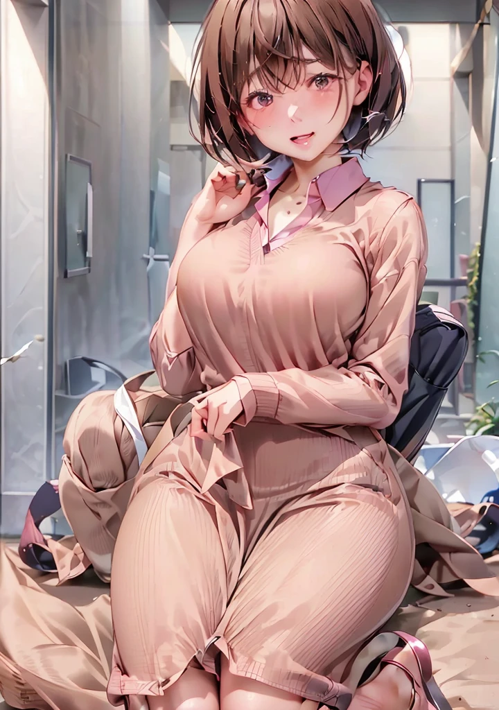 (masterpiece:1.2, highest quality), (Realistic, photoRealistic:1.4), Beautiful illustrations, (Natural side lighting, Cinema lighting), Beautiful thighs, Front view, 1 girl, (((30 years old, Mature Woman)))Perfect Face, Symmetrical cute face, Glowing Skin, Pink nurse uniform、
(Random Shortcut Hair、blonde), Big eyes, long eyelashes chest), thin, expensive、
Beautiful Hair, Beautiful Face, Fine and beautiful eyes, Beautiful clavicle, Beautiful body, Beautiful breasts, Beautiful thighs, Beautiful legs, Beautiful fingers,
((High-quality fabric, Pink nurse uniform, skirt)),
(Beautiful views、In the hospital),Are standing, (smile, Superior, Open your mouth), (((skirtリフト, panties are visible)))