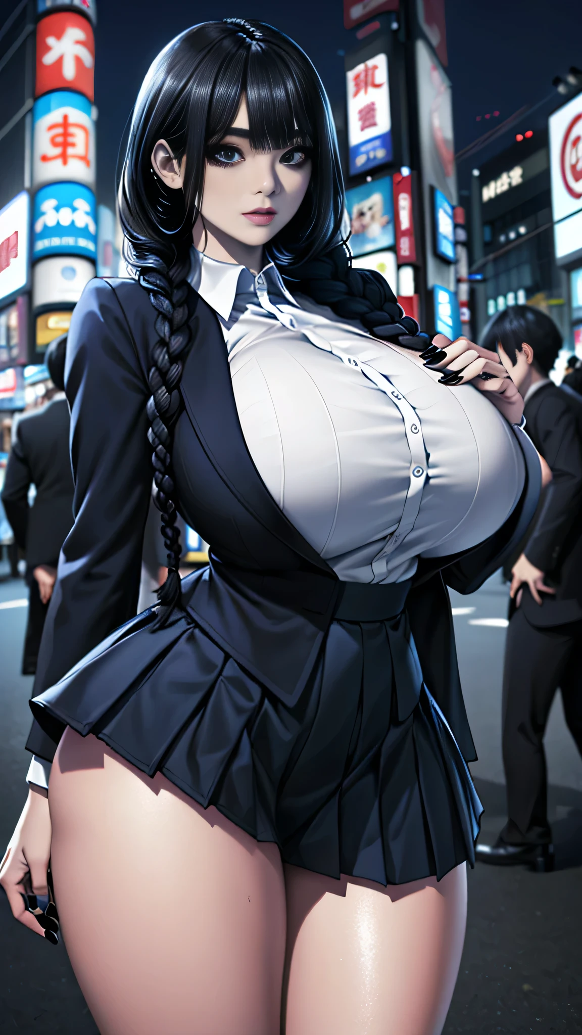 EPpkJessie, long purple hair, hair slicked back,earrings,blue eyes,team rocket uniform, white cropped jacket, black elbow gloves, navel, skirt, black thigh highs, looking at viewer, serious, standing, holding poke ball, inside office, window, cityscape, high quality, masterpiece