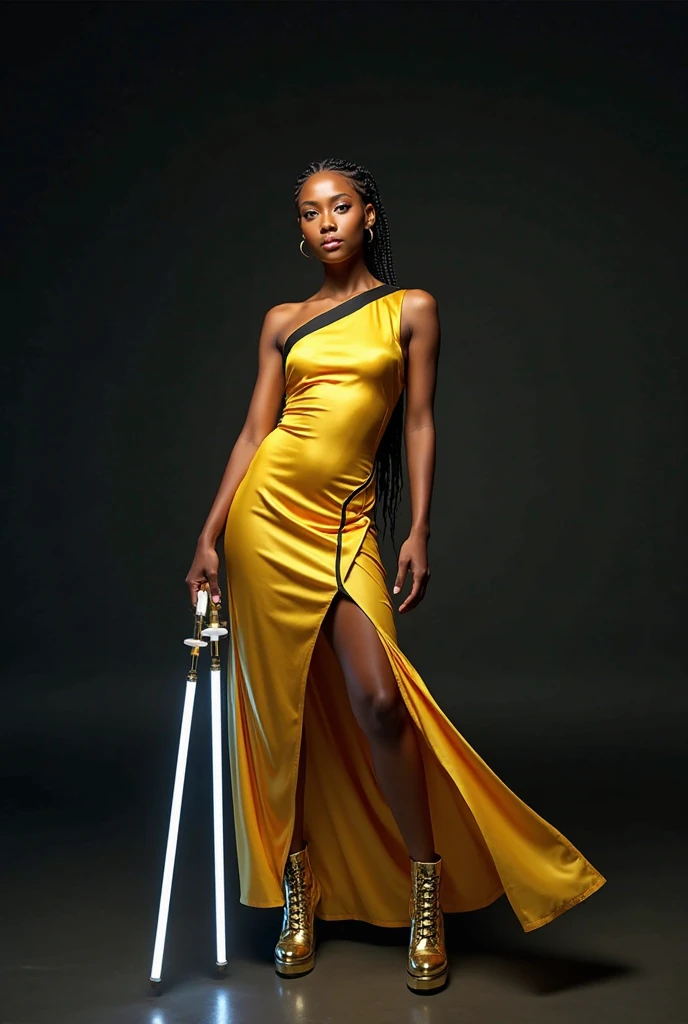 8k, RAW photo, best quality, ultra high resolution, (photorealistic), realistic photo of skinny ebony girl superstar, (skinny ebony girl, 20 years old, most beautiful ebony girl in the world, slim face, black hair, dreadlocks, dreadlocks hair), gala, red carpet event, oscar, paparazzi, cameras, bright light, (full body picture), standing posing for picture, sexy pose, wearing long golden translucent dress (golden translucent dress), wearing earrings, (earrings), (looking at viewer), (smirking), (extremely detailed CG unity 8k wallpaper), Sharp focus, (bright light)