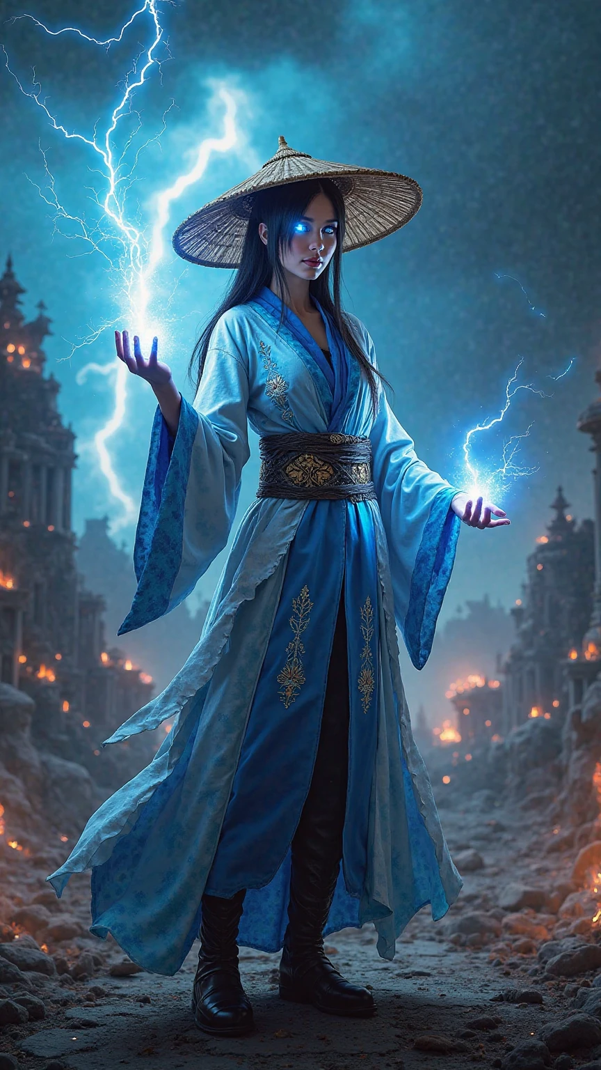 Ultra-realistic and ultra-detailed cosplay of a stunningly beautiful woman dressed as Raiden from Mortal Kombat. She is wearing Raiden's full traditional outfit: blue and white robe with intricate patterns, black boots, and his iconic conical straw hat. Her look is powerful and ethereal, with glowing electric-blue eyes filled with lightning energy. One of her hands is raised, releasing bolts of crackling lightning, illuminating her face and the surrounding area. Her stance is commanding, exuding the presence of a thunder god. The background is a stormy, mystical battlefield with dark clouds, flashes of lightning in the sky, ancient temple ruins, and swirling energy in the air—evoking Raiden’s classic realm. Ultra high resolution with cinematic lighting, dynamic effects, and photorealistic textures."Alta resolução, Cabelo comprido, ?????, muito linda e ????