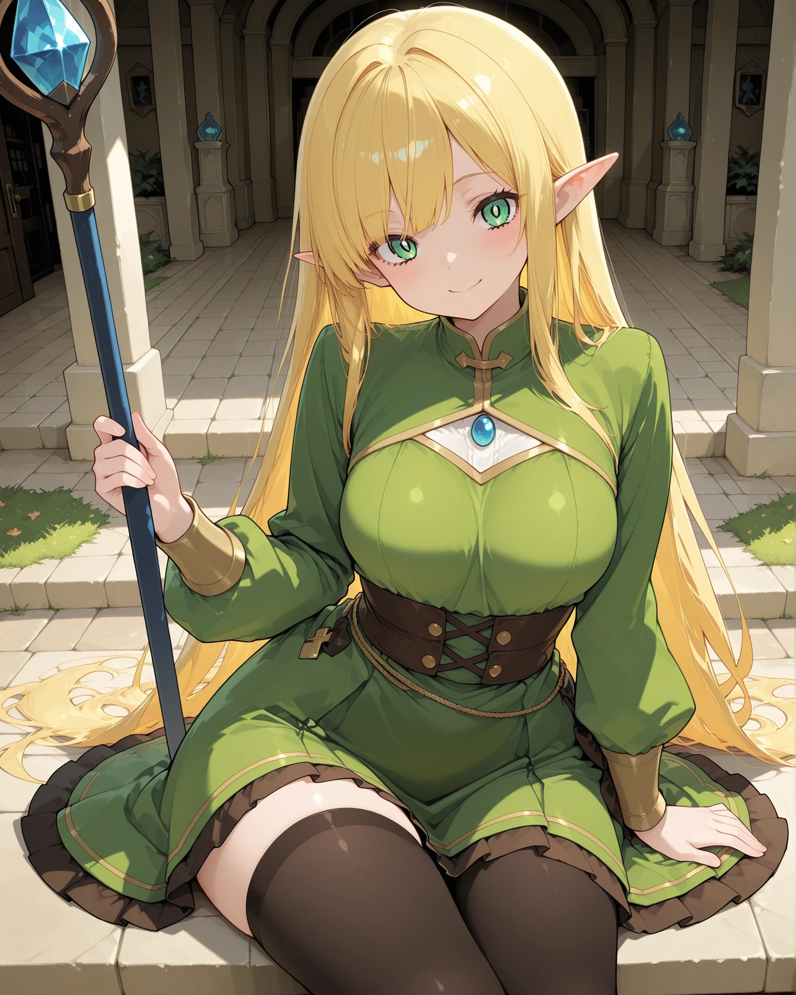 Anime, adult woman elf, looking at the viwer with heart eyes, sucking viewer's penis,