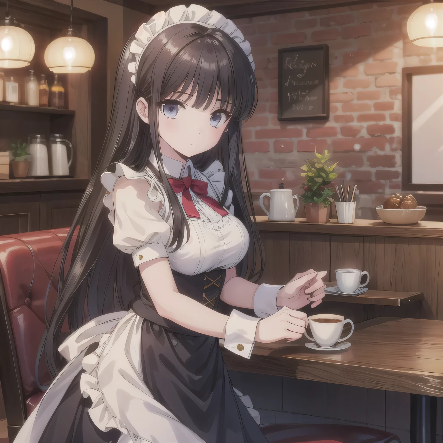 A girl is working as a waitress in a cozy cafe. She's wearing a classic maid outfit. The air feels warm and calm, and it's like you can almost smell the coffee through the picture. dark hair, long hair, dark eyes.
