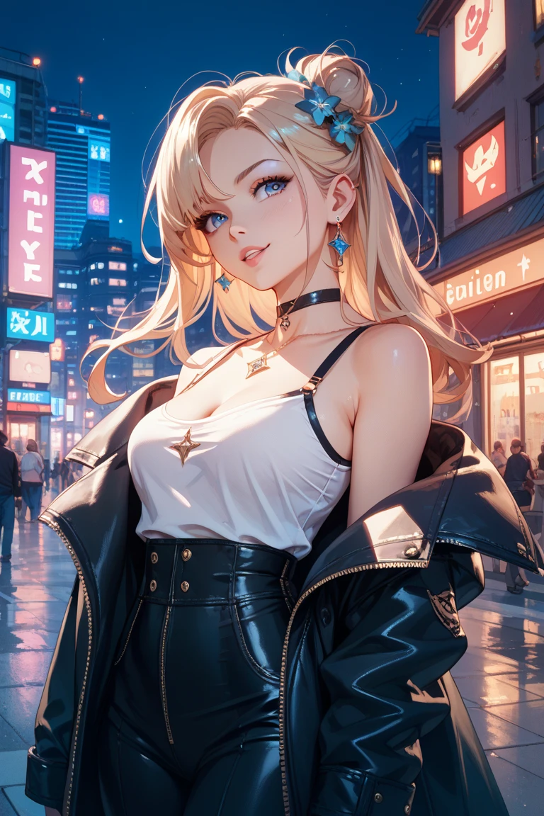 Beautiful woman, slavery clothes, blond, (leathery), revealing, sensuous, Skinned, ((アニメ)), illustration, full colors, foto perfil, Akira Toriyama style, toei animation, in a city at night, (cyberpunk style), medium breasts, breasts small, opaque colors