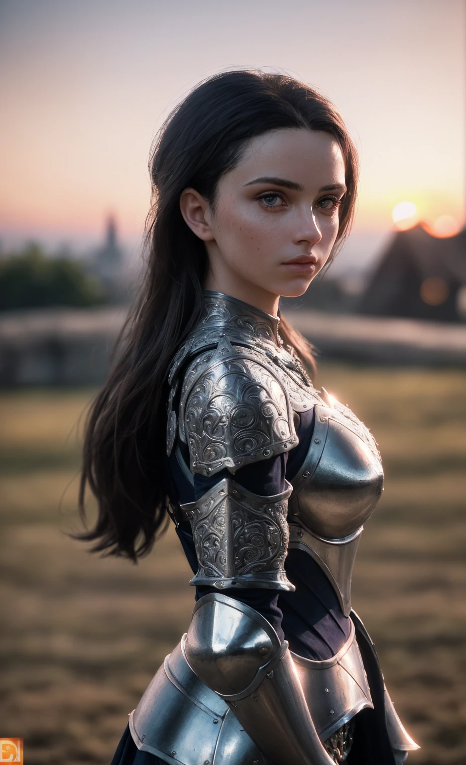 (masterpiece), (extremely intricate:1.3), (realistic), portrait of a girl, the most beautiful in the world, (medieval armor), metal reflections, upper body, outdoors, intense sunlight, far away castle, professional photograph of a stunning woman detailed, sharp focus, dramatic, award winning, cinematic lighting, octane render  unreal engine,  volumetrics dtx, (film grain, blurry background, blurry foreground, bokeh, depth of field, sunset, motion blur:1.3), chainmail