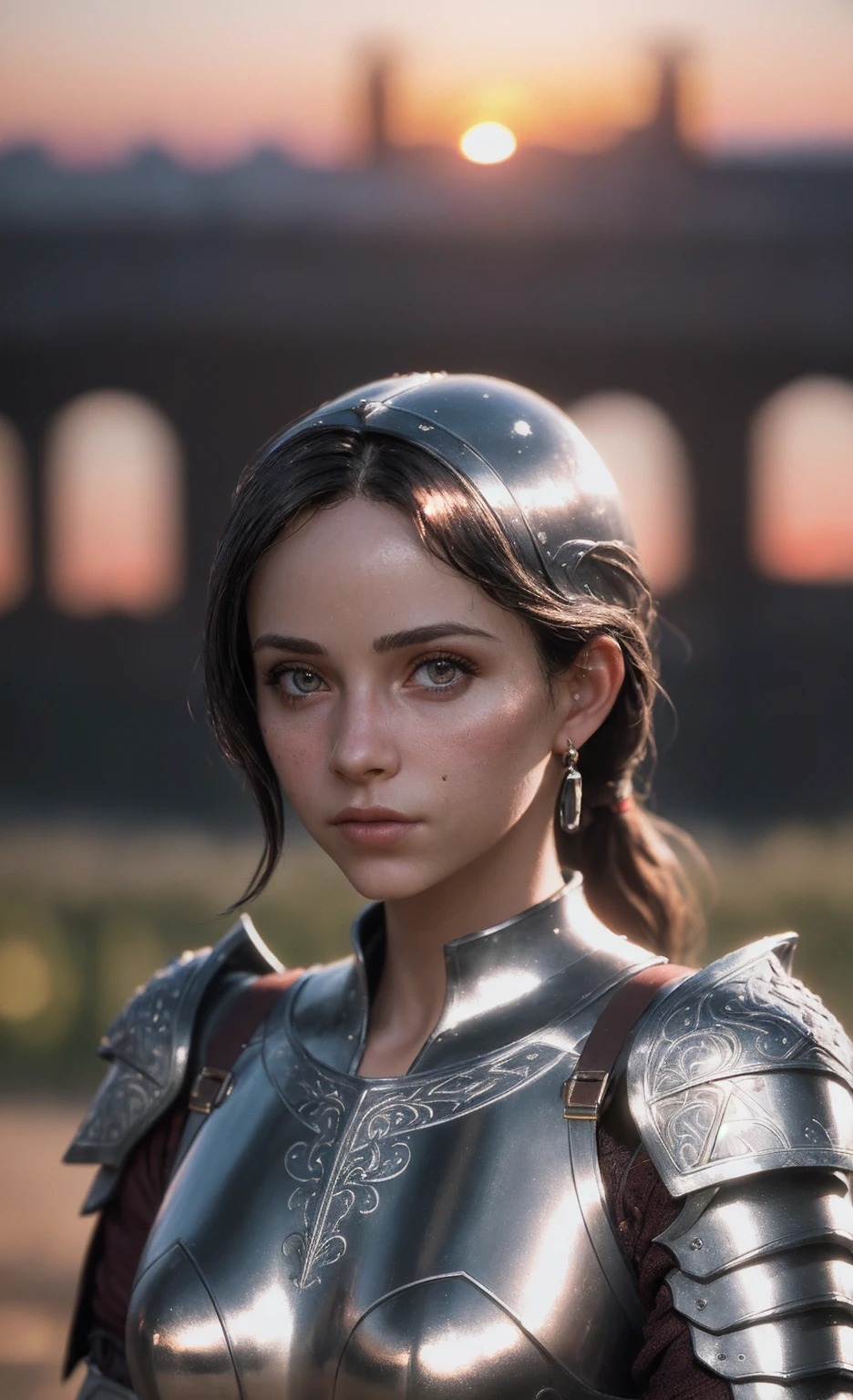 (masterpiece), (extremely intricate:1.3), (realistic), portrait of a girl, the most beautiful in the world, (medieval armor), metal reflections, upper body, outdoors, intense sunlight, far away castle, professional photograph of a stunning woman detailed, sharp focus, dramatic, award winning, cinematic lighting, octane render  unreal engine,  volumetrics dtx, (film grain, blurry background, blurry foreground, bokeh, depth of field, sunset, motion blur:1.3), chainmail