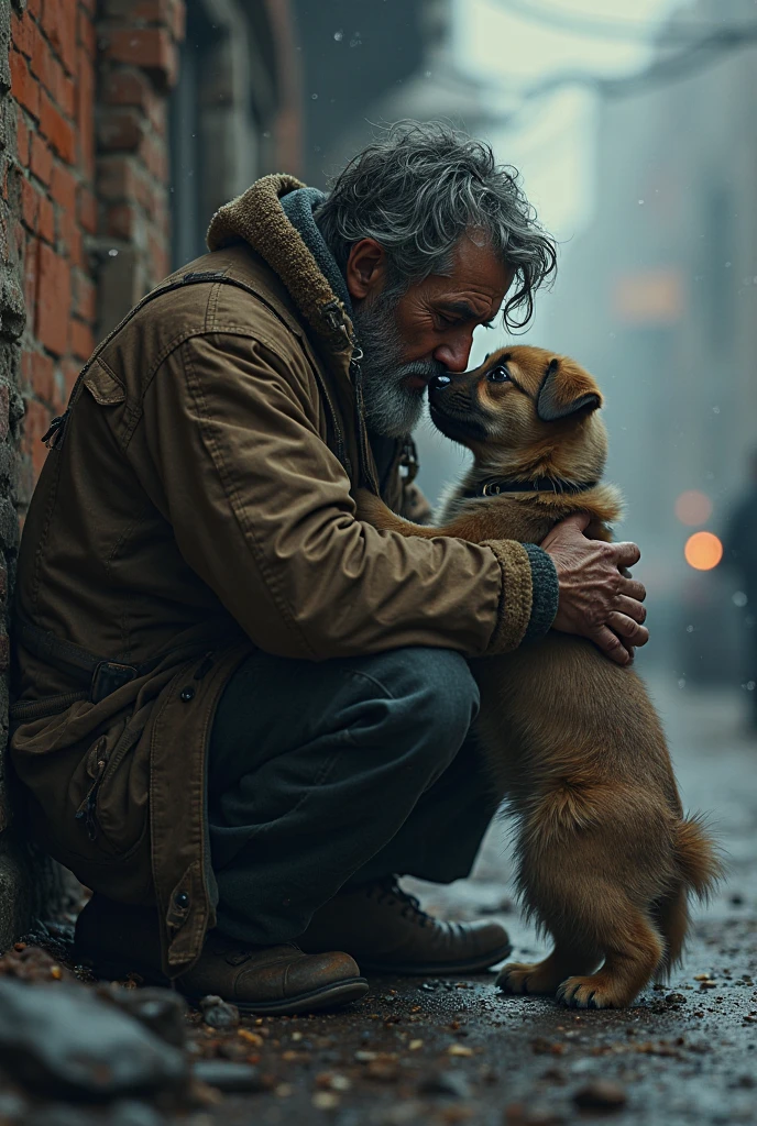 in one night, A Man and a Puppy, are both in street condition, meet and hug each other happily for the reunion.