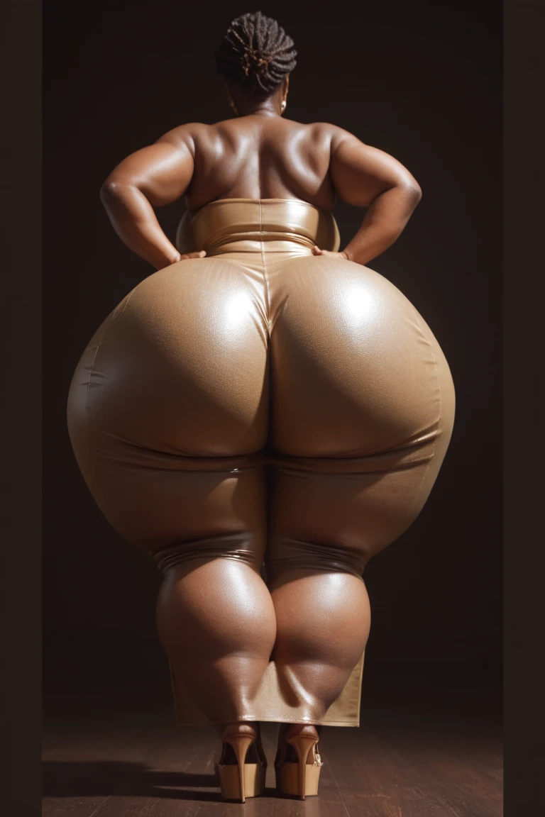 tiny thin chest tapered waist, tiny waistline, MASSIVE protruding ass, extremely dark skin, Jawara Woman, big bulging ass, huge booty, flowing metallic fabric, eloquence, no nudity