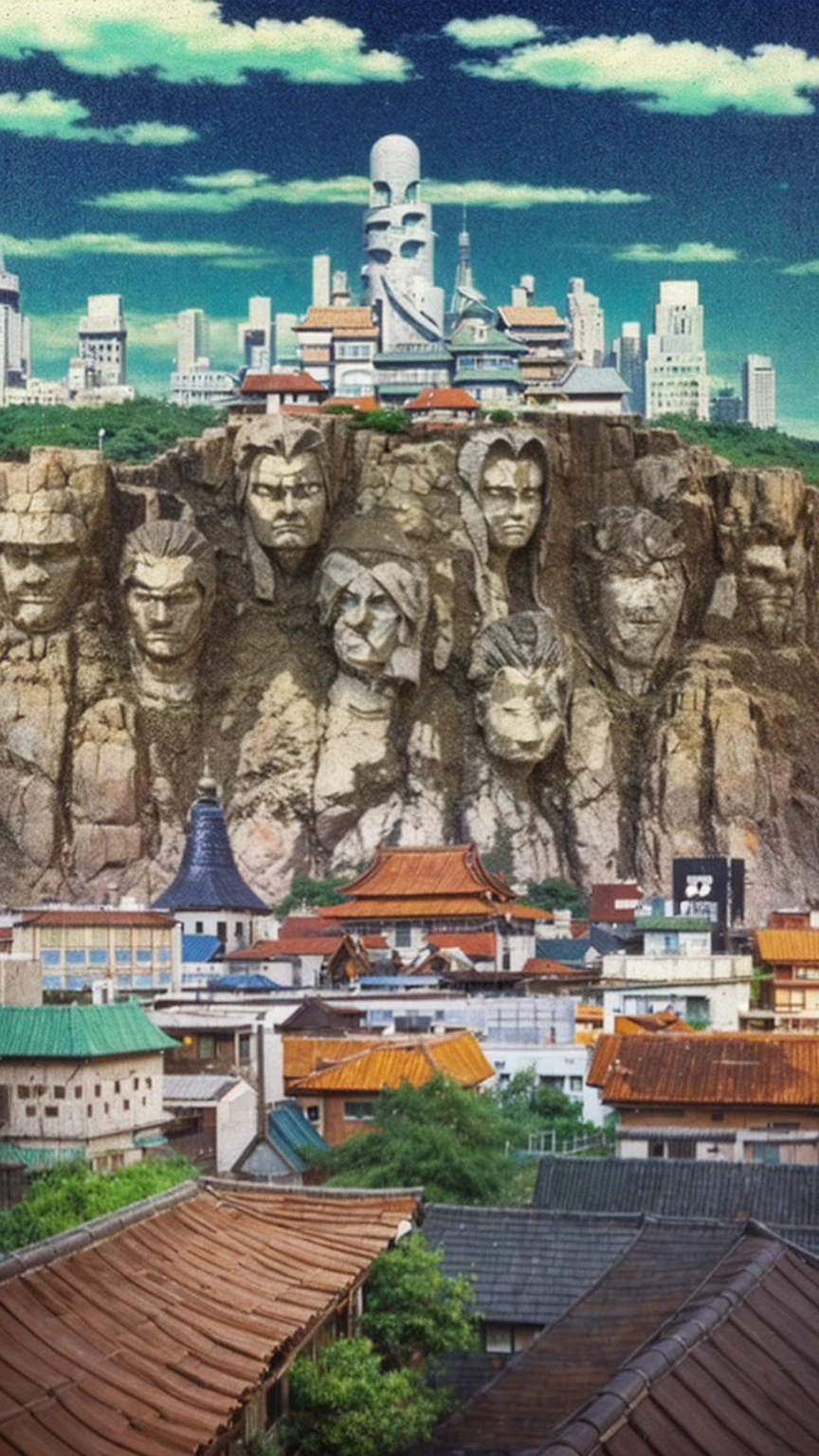 The image depicts an anime-style scene:
In the center, there is a temple with a bright yellow roof and large open doors, situated at the end of a stone path. The temple is surrounded by vibrant green lawns, with stylized trees featuring large, lush green canopies. In front of the temple stand two anime characters: a boy with short hair wearing a The character is wearing a purple T-shirt with a white design on the front. The design is somewhat pixelated, indicating a casual style with a modern or playful touch, and a old man (not to old)with a traditional hokage shirt. Above the temple in the background are large, majestic mountains with detailed statues carved into the rock face(the hokage face). To the right of the temple, there is a tall tower with a blue conical roof and additional buildings, all rendered in a colorful, detailed anime style. The sky is a clear, bright blue with a few fluffy white clouds, adding to the overall serene and beautiful atmosphere of the scene.