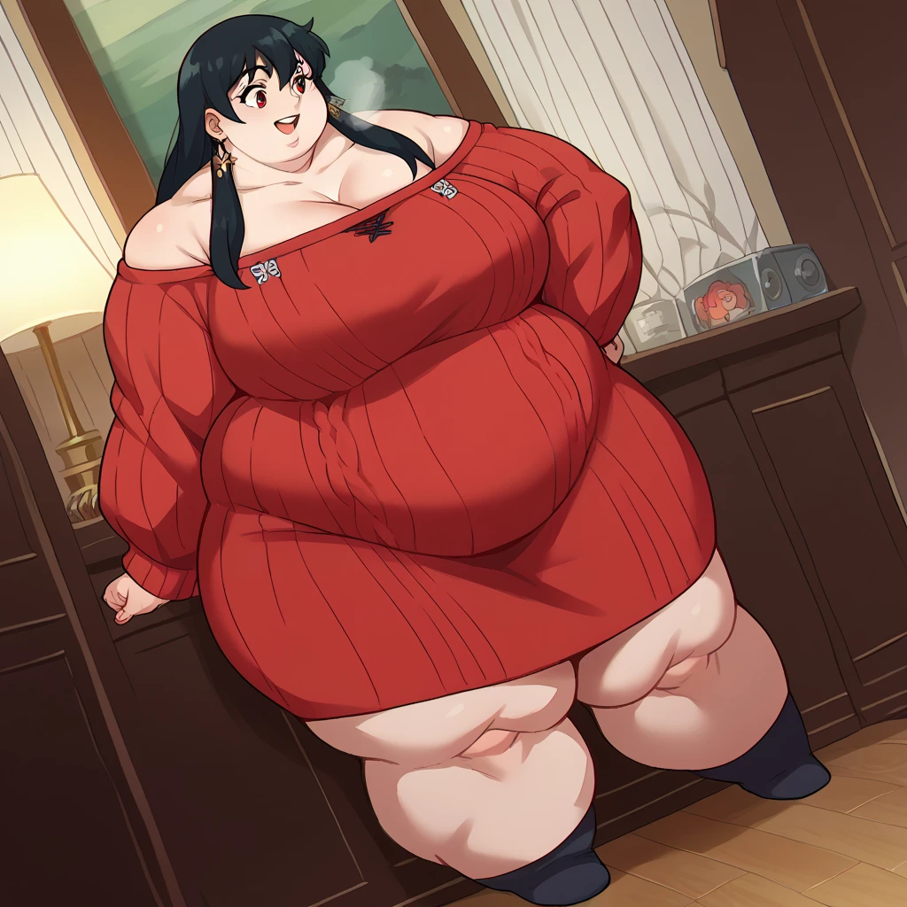 ((highres)), Masterpiece, high quality, best quality, beautiful, perfect lighting, detailed face, ultra cute face, 1girl, has brunette hair, blue eyes, tight red dress, full body, fast food restaurant, Large breasts, ((wide hips)), (thick thighs), ((chubby)), pudgy belly, fat folds, standing, Yor