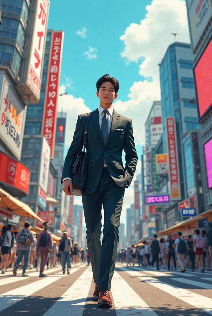 Young Japanese business man in Tokyo in the daytime crowd