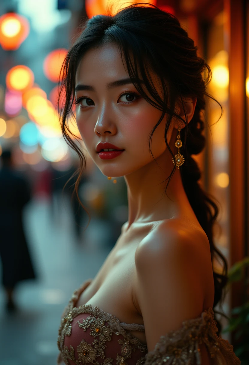 Beautiful Asian-looking girl, Attractive in a Light Outfit with pretty features, The sweet and unbiased, A beautiful dress made of fabrics wrap around her body giving sexuality and charm,  evening city , light from small streets, Beautiful graceful gait, clear details, better quality, high detail, masterpiece, 8k, good quality, 