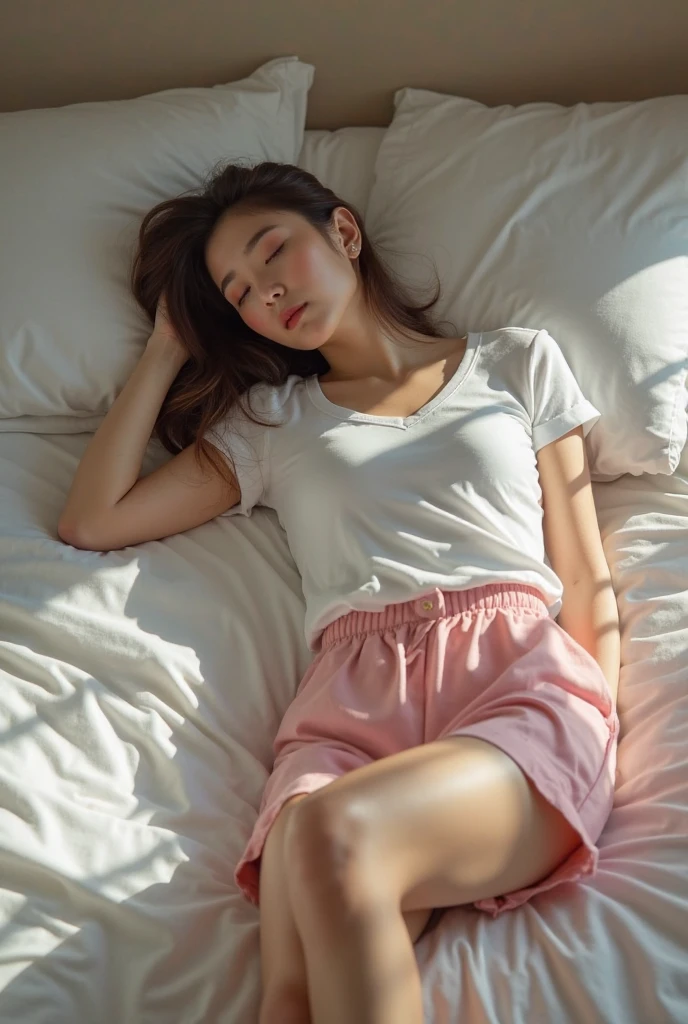 1 Sleeping 18-year-old beauty，Lie down in bed，Conservative pink pajamas，huge bed，Character focus，Dingdall effect，