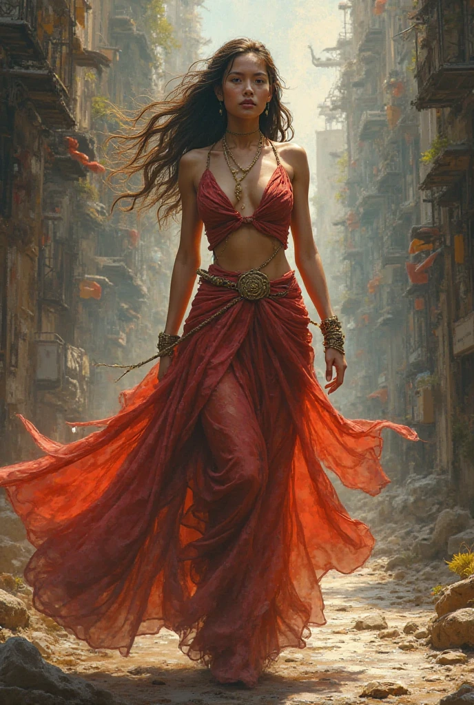 long flowing hair, wearing a vibrant red dress, surrounded by futuristic technology, in a cityscape filled with towering skyscrapers and neon lights, with a sense of wonder and exploration in her eyes, capturing the essence of a modern and technologically advanced world, with a touch of fantasy and magic, bathed in warm golden tones, highlighting the beauty of the scene, brought to life with dynamic lighting, and bringing out the intricate details and textures of the artwork, evoking a sense of awe and admiration.