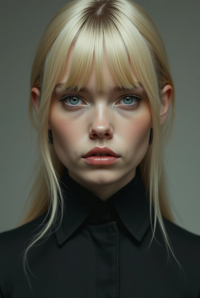 A blonde woman, blue eyes, Straight hair bangs, viso stoico